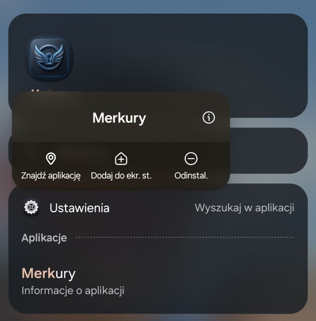 Menu informacji o aplikacji