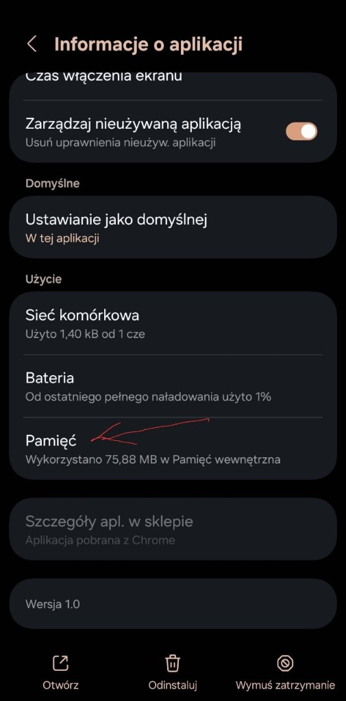 Opcja Pamięć w ustawieniach