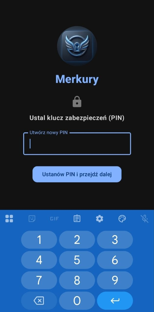 Ekran pierwszego uruchomienia i tworzenia PIN