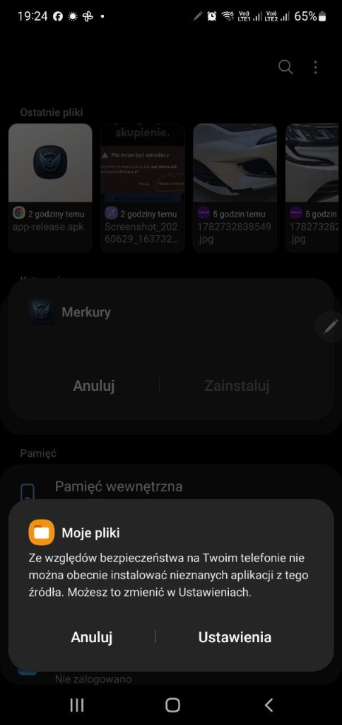 Ostrzeżenie aplikacji Moje Pliki
