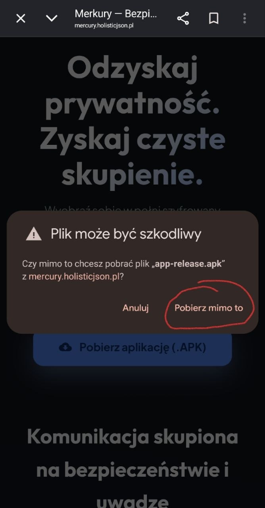 Zatwierdzenie pobierania APK w przeglądarce