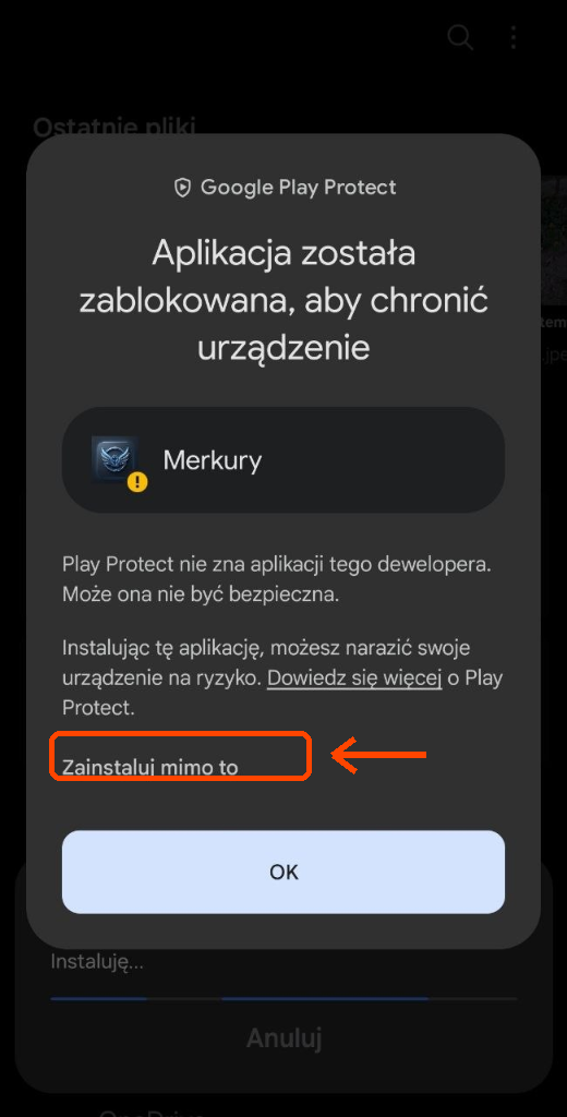 Wybór instalacji mimo to w Google Play Protect